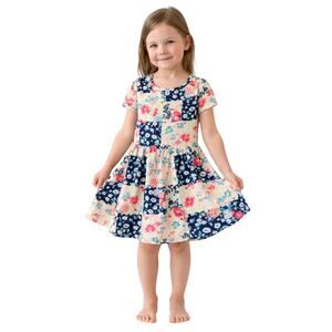 Girls Patchwork Floral Dress Size 6 Stretch Short Sleeve Cream Navy Pink